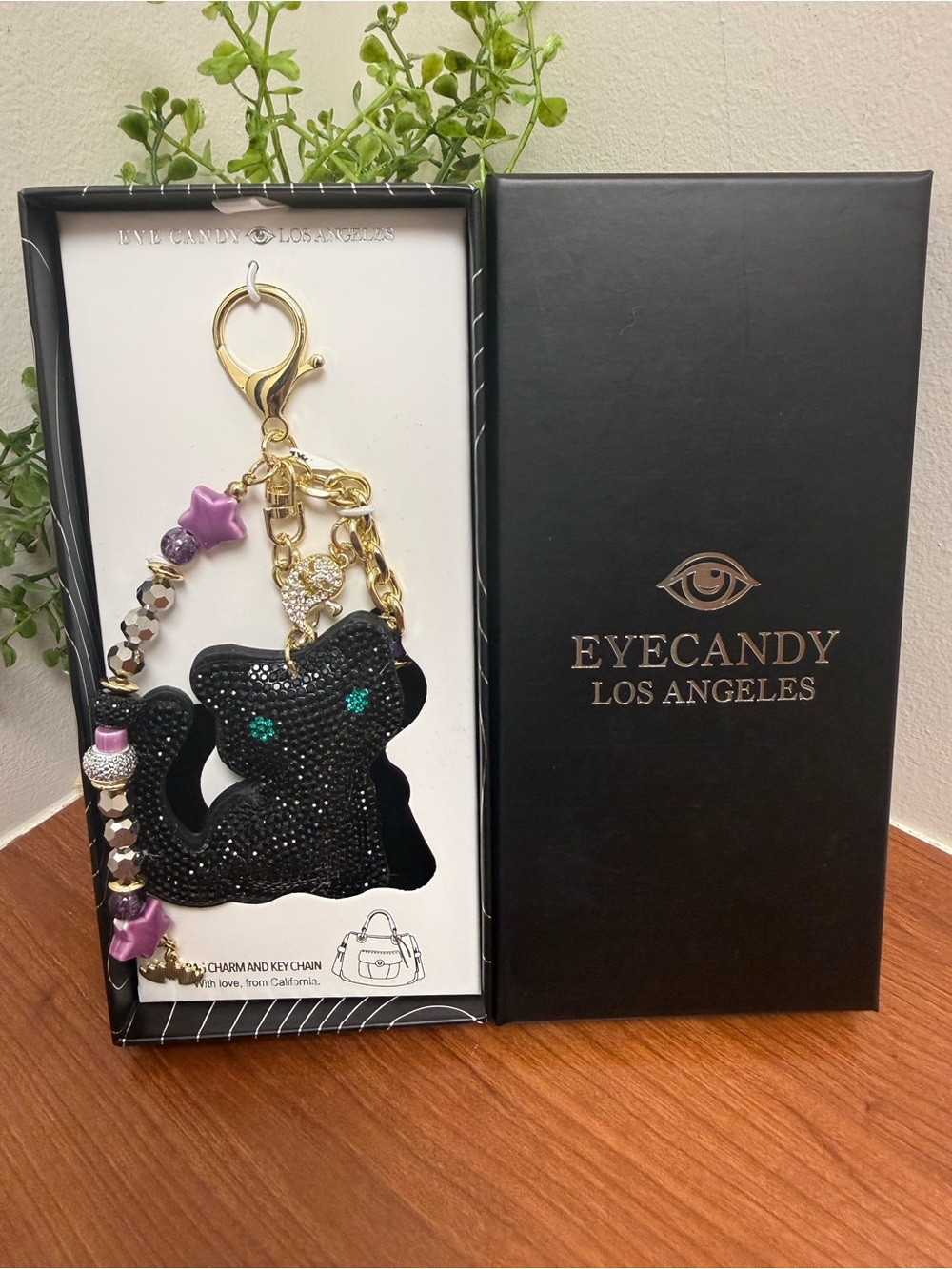 Eye Candy Black Cat Crystal Keychain Charm